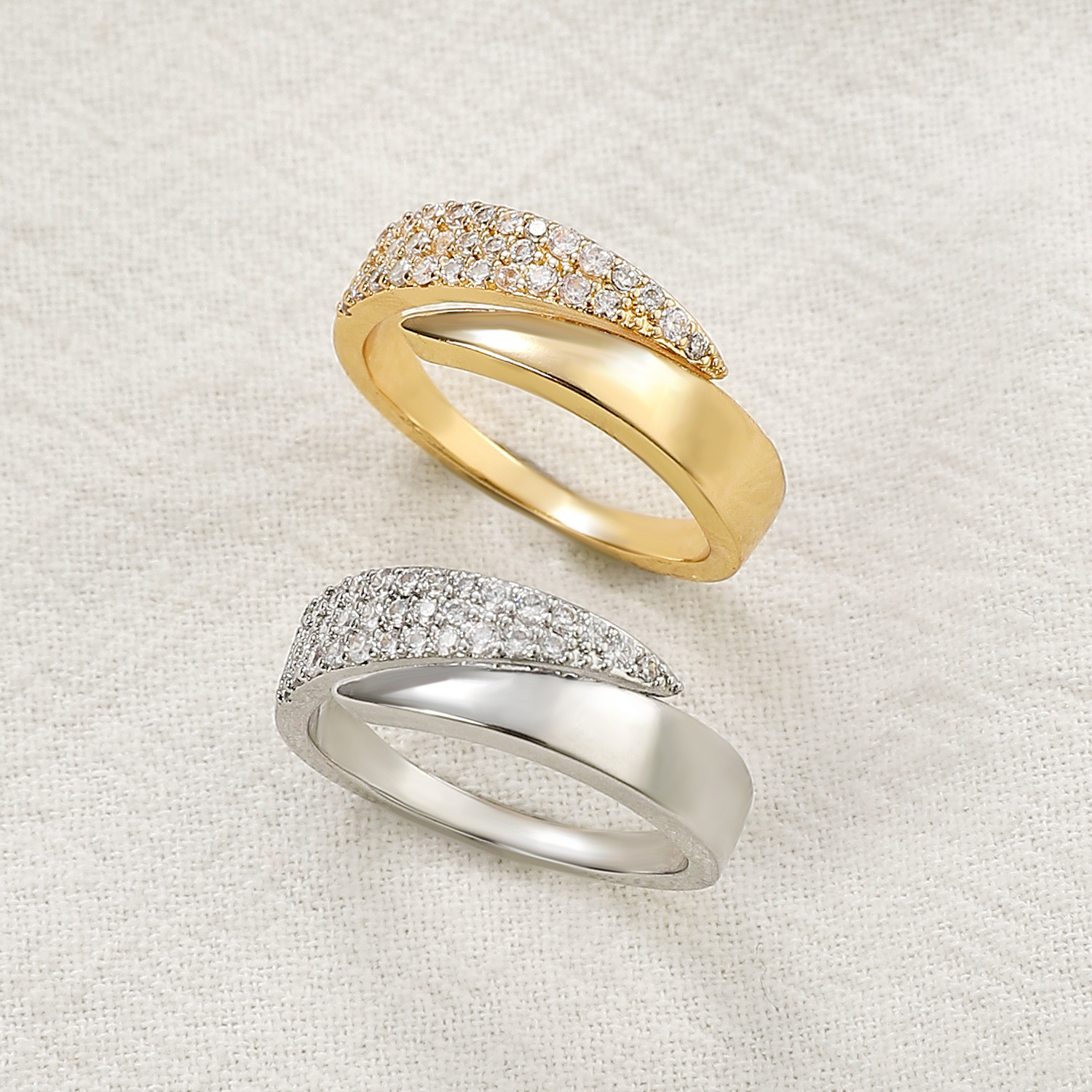 Adjustable Open Ring with Cubic Zirconia Golden Tone Copper Wedding Engagement